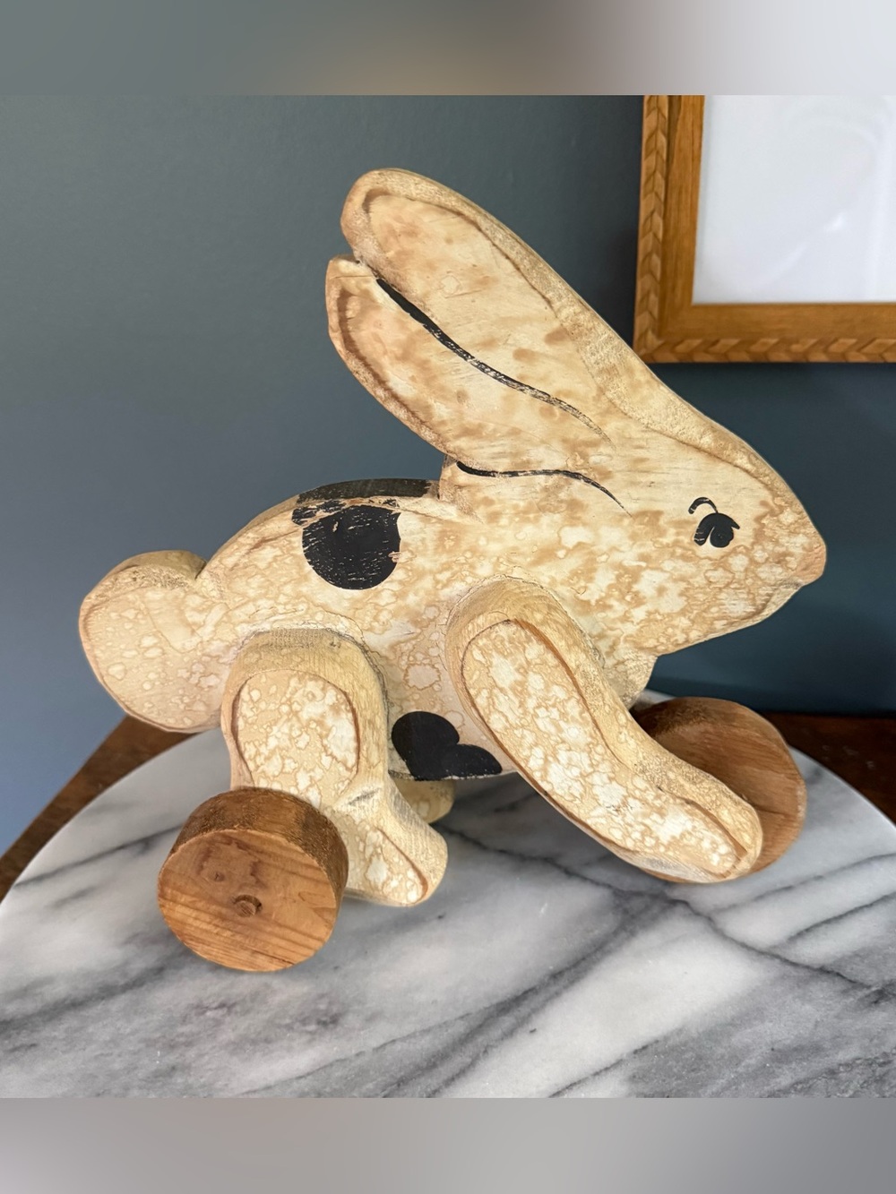 Vintage Wooden Folk Art Bunny Rabbit Rolling Handmade Primitive white wood cute